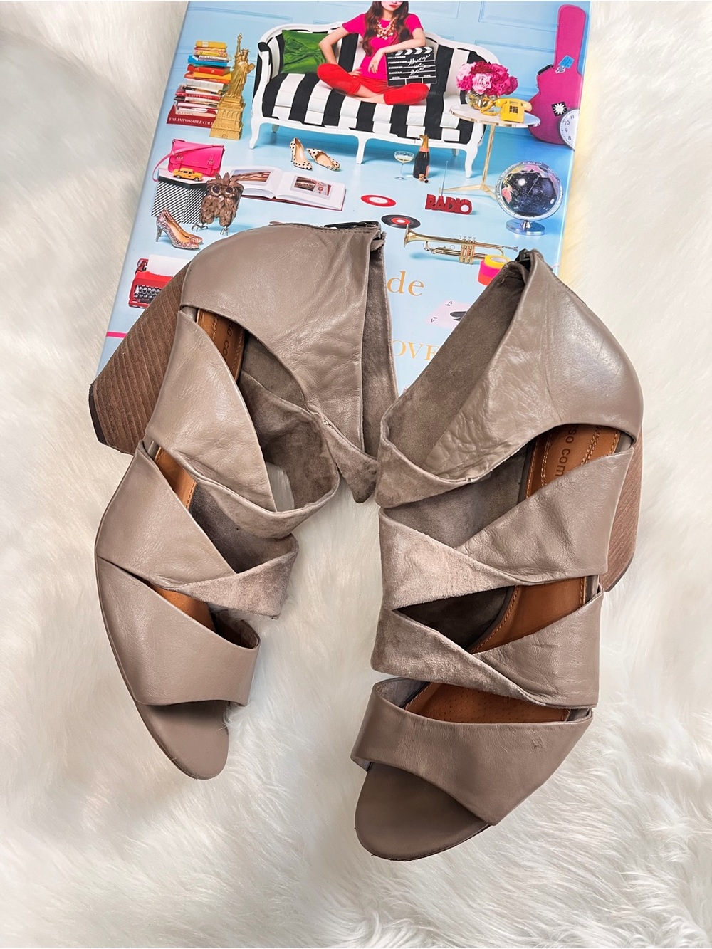 Corso Como Taupe Strappy Peep-Toe Block Heels